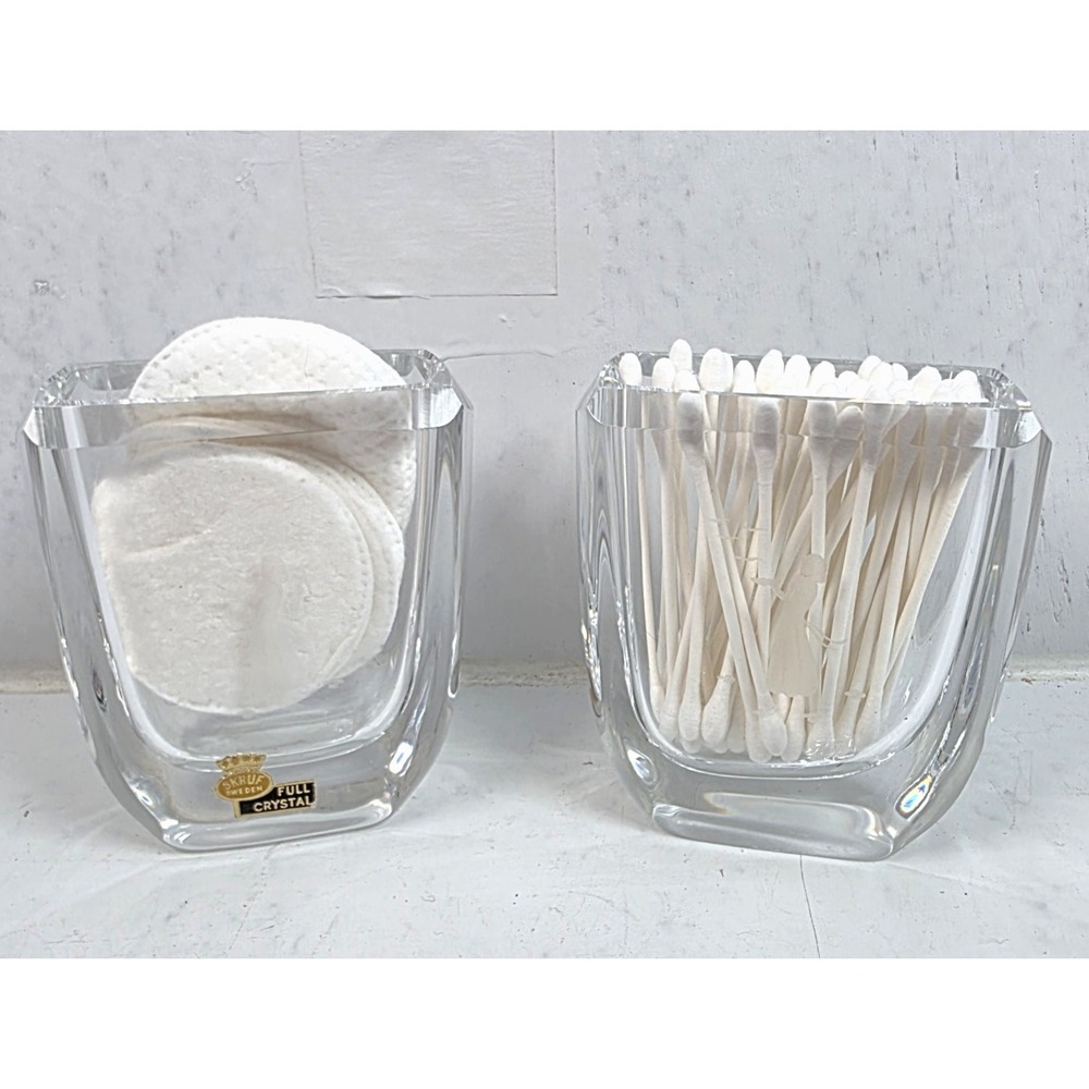 Vtg MCM Skruf Sweden Lead Crystal Pair of 2 Vases Vanity Organizers Signed 3.5"